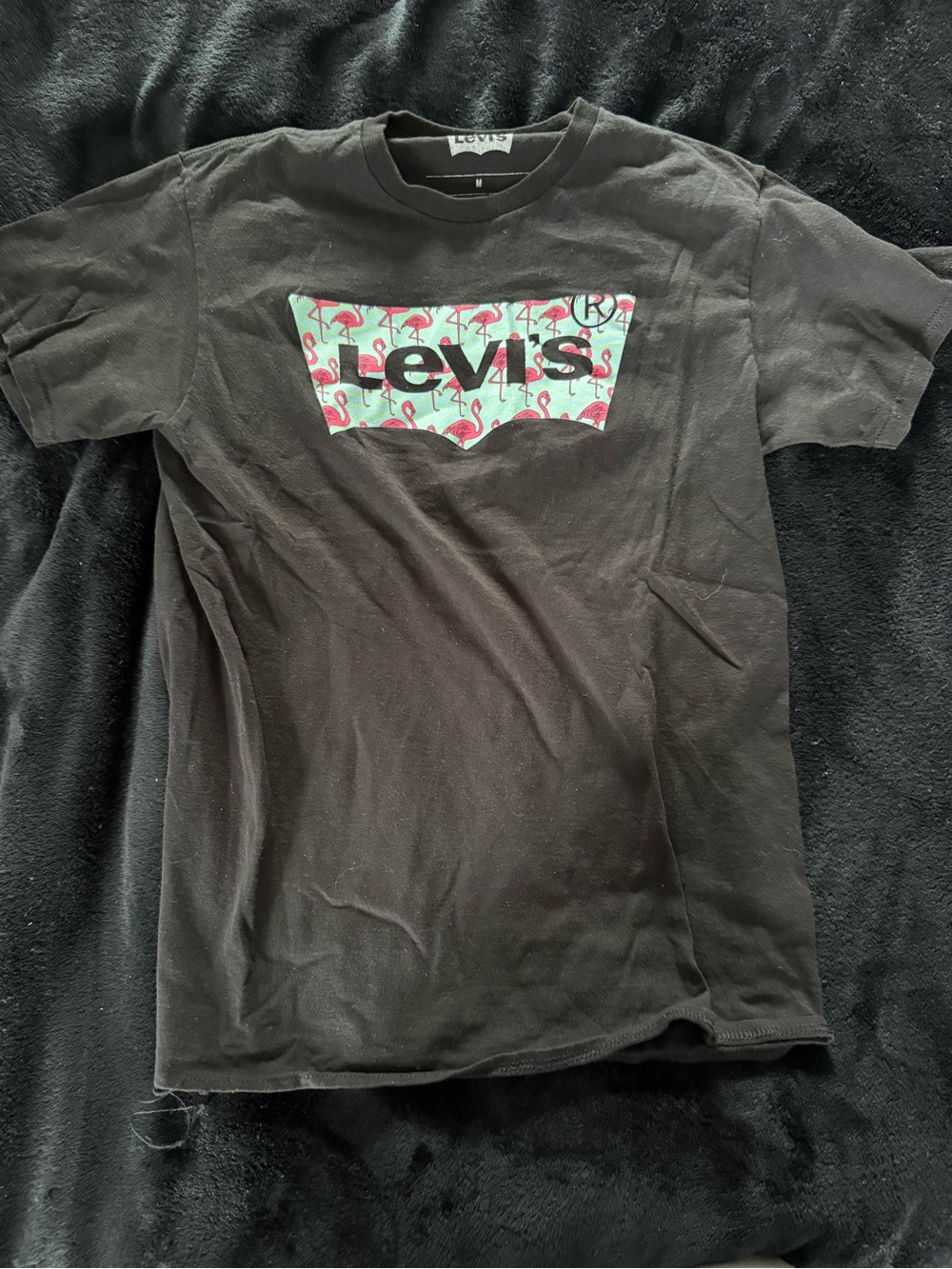 Levi's Black T-Shirt with Pink Flamingo Logo on Mint Panel